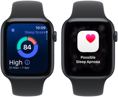 Two Apple Watch SE 3 devices with Midnight aluminium cases showing sleep score and a possible sleep apnoea alert on screens