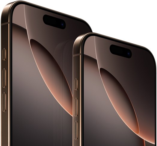 6.9-inch iPhone 16 Pro Max and 6.3-inch iPhone 16 Pro,front exterior,Action button,volume buttons,Dynamic Island centred near top