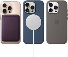 Three iPhone 16 Pro devices,back exterior,with MagSafe accessories attached:iPhone FineWoven MagSafe Wallet,MagSafe Charger and iPhone Silicone Case with MagSafe