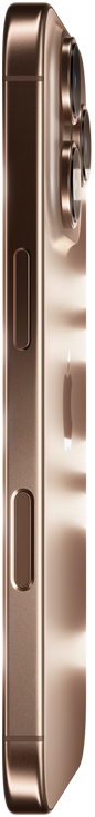 iPhone 16 Pro in Desert Titanium finish,side exterior,Apple logo in centre,raised Pro camera system,Side button,Camera Control button