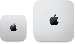 Top view of 2024 silver Mac mini with Apple logo next to 2023 silver Mac mini with Apple logo to demonstrate difference in size