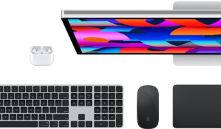 Mac accessories: AirPods, Studio Display, Black Magic Keyboard with Touch ID, Black Magic Mouse and Black Magic Trackpad