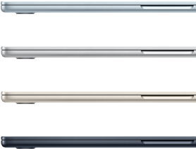 Four MacBook Air laptops showing colours available: Sky Blue, Silver, Starlight and Midnight