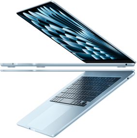 Two open MacBook Air laptops in Sky Blue colour forming arrow shape, emphasising narrow profile