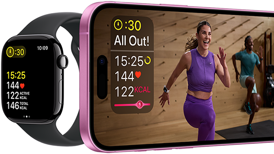 Workout metrics on an Apple Watch Series 10 and an iPhone.