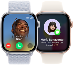 An incoming call on an Apple Watch Series 10 and an incoming text on another Apple Watch Series 10