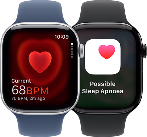 The Heart Rate app showing a current reading of 68 BPM and the sleep apnoea notification screen on two separate Apple Watch Series 10 devices.