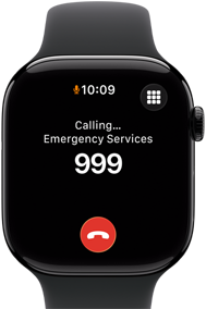 Apple Watch Series 11, aluminium jet black case, emergency call to 999 on screen, right side exterior: Digital Crown, black Sport Band