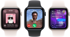 Three Apple Watch SE 3 devices next to each other, one showing the Apple Music app, one showing an incoming phone call and one showing an iMessage exchange