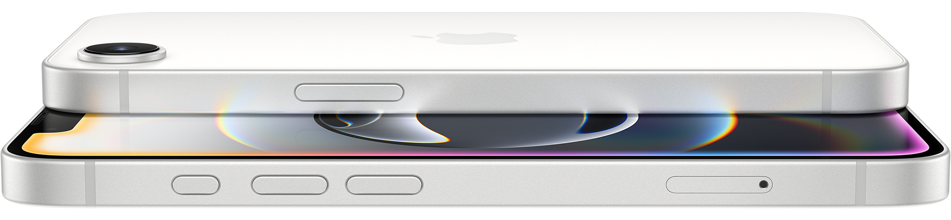 Side view of iPhone 16e in White finish, side exterior, Action button, volume buttons and back Fusion camera